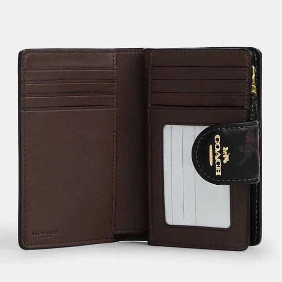 NWT-Coach-Medium Corner Zip Wallet-Floral Print/Roses🌹Black & Wine-$218 - Picture 10 of 11